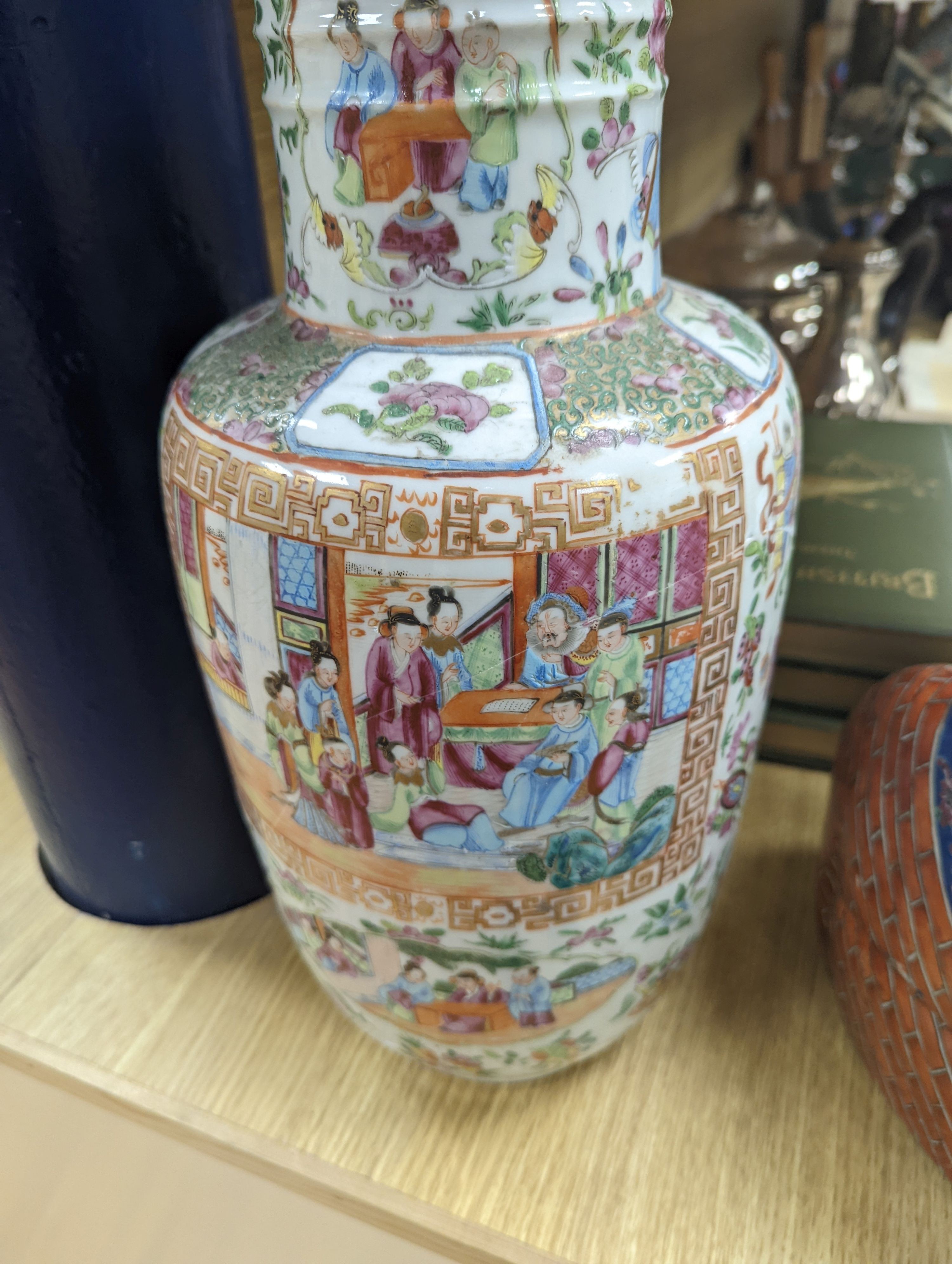 A Chinese famille rose vase, a figure of Budai, a turquoise glaze vase etc, vase 45 cms high.